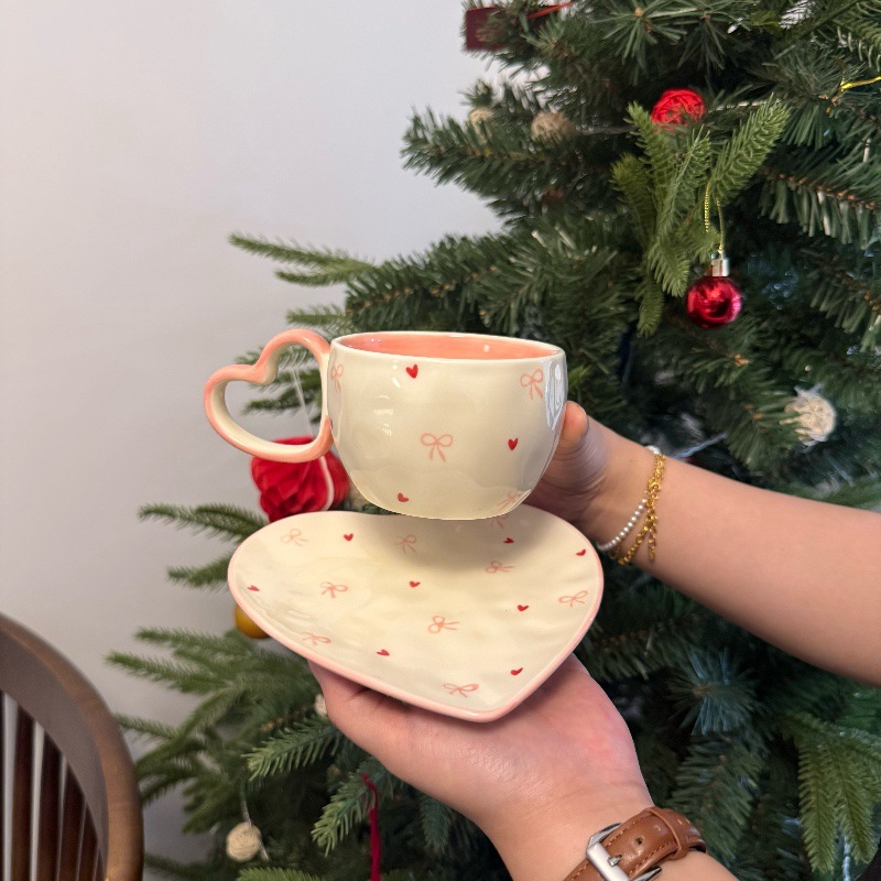 Estilo coreano ins mano cerámica taza de café plato amor mango arco amor taza de cerámica comercio electrónico transfronterizo image 6