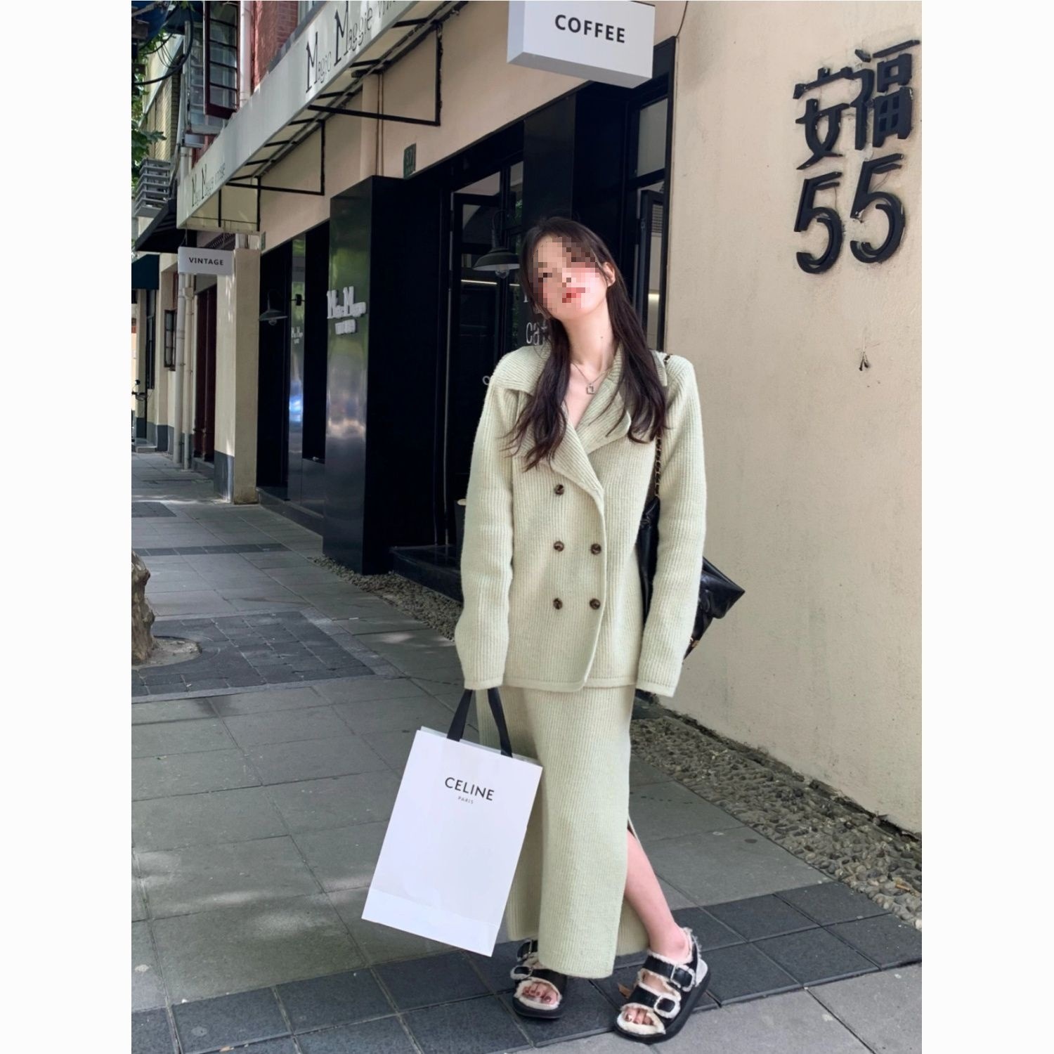 绿色小清新套装女秋冬复古双排扣针织外套高腰开叉半身裙两件套潮