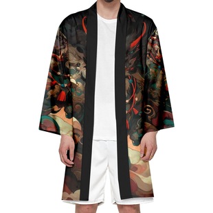 Independent Station Cross-border Illustration Creative Printing 3D Printing Men's and Women's Loose Mid-length Kimono No Strap for Hair