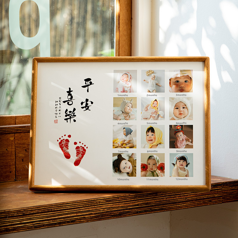 Baby's first birthday commemorative hand and foot print solid wood photo frame display stand, full moon and 100-day photo DIY gift Baby's first birthday commemorative hand and foot print solid wood photo frame display stand, full moon and 100-day photo DIY gift