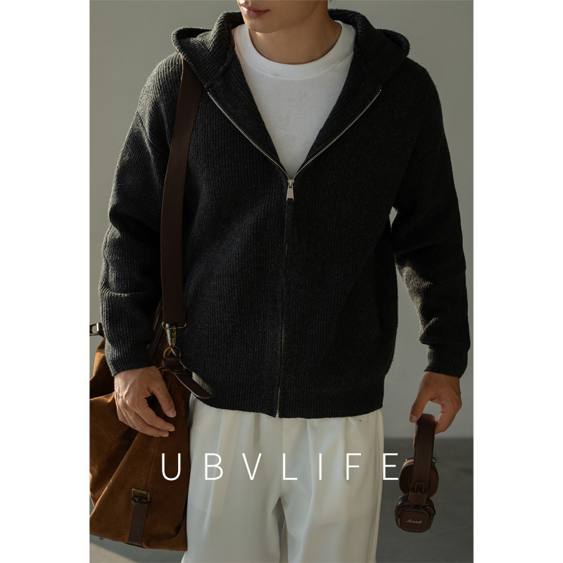 Old Money Style Wool Blend Textured Zip-Up Hooded Jacket for Men, 2026 Spring Lazy Casual Knit Cardigan