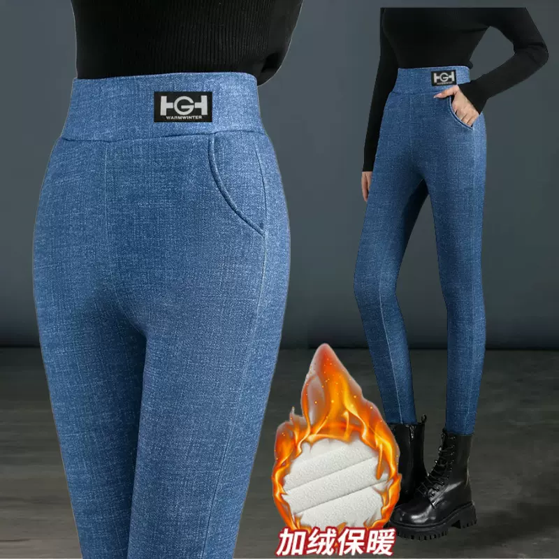 抖音爆款加绒加厚HG羊羔绒口袋打底裤女秋冬高腰外穿修身铅笔裤