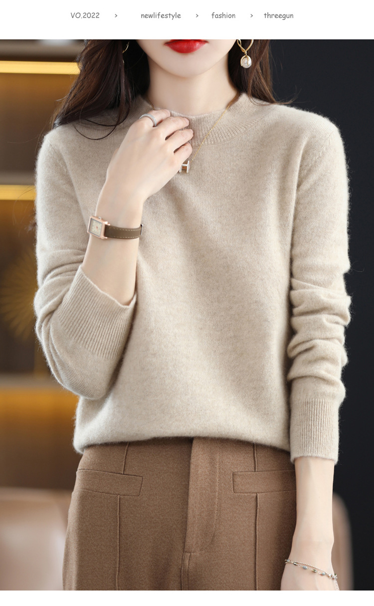 2022 Autumn and winter Cashmere sweater for women, semi-high collar, slimming, pullover, solid color 100 long-sleeved knitted base wool sweater pic 16