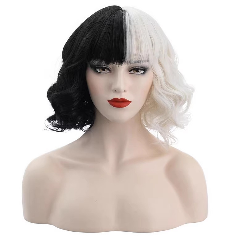 Amazon new European and American ladies cos wig black and white witch Kuila Cruella short curly hair manufacturers wholesale