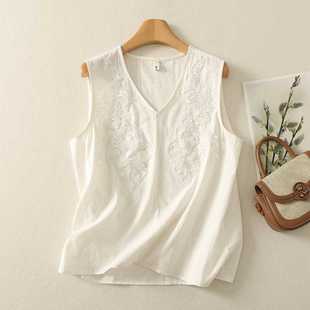 Real Shot of White Heavy Embroidery Beaded V Neck Linen Vest for Women New High-End Fashion Sleeveless Top