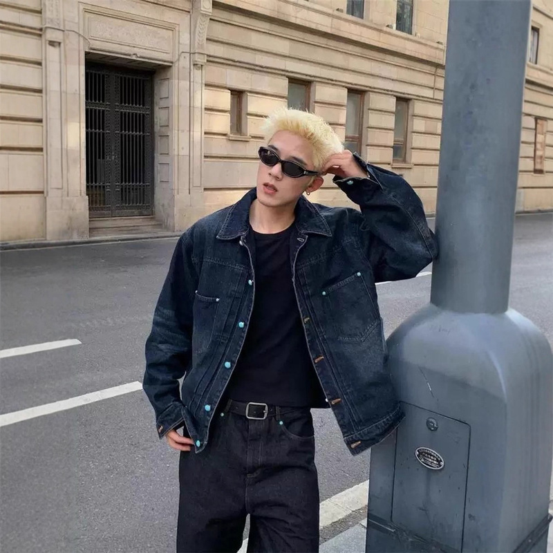 Turquoise Button Washed Distressed Denim Jacket Men's Autumn and Winter Heavyweight Loose Versatile Trendy Casual Retro Top