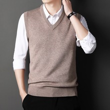 秋冬男士毛衫背心无袖厚款针织毛衣爸爸纯色商务打底毛背心男V领
