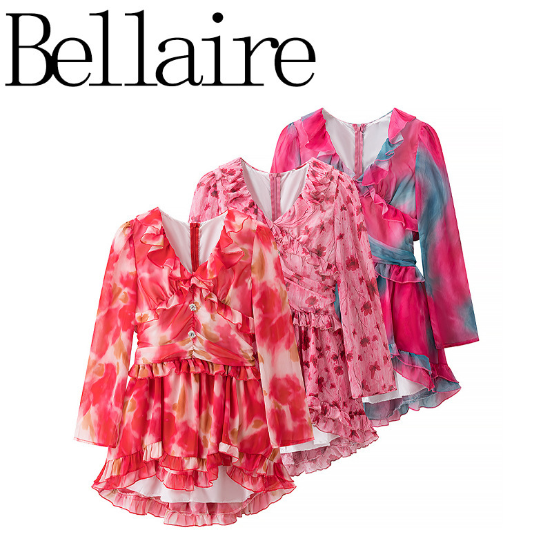Za Foreign Trade Wholesale European and American Style French Fashion Women's Clothing, Elegant Design V-Neck Ruffled Edge Printed Waist-Cinching Dress Za Foreign Trade Wholesale European and American Style French Fashion Women's Clothing, Elegant Design V-Neck Ruffled Edge Printed Waist-Cinching Dress