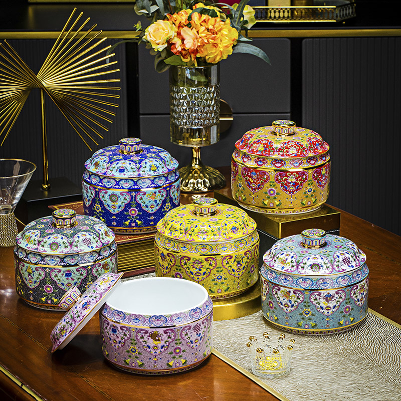 Enamel painted lucky gourd with eight treasures tea canister Jingdezhen ceramic storage jar Pu'er tea cake canister kitchen lard pot sugar bowl
