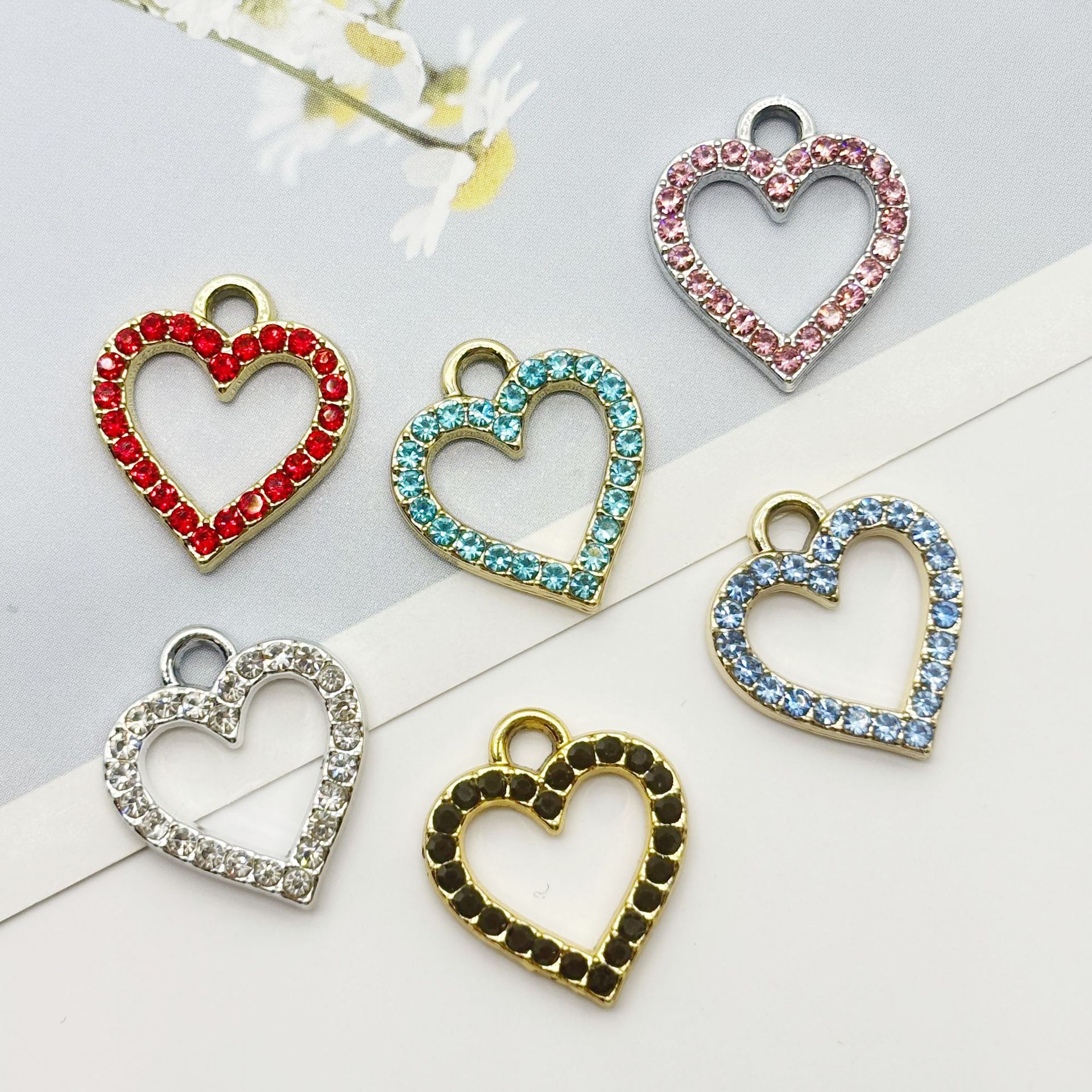 镶钻桃心吊坠心形爱心挂件跨境合金饰品配件diy耳坠手链项链材料