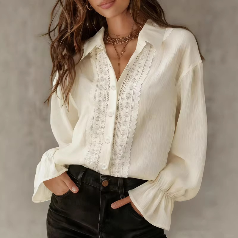 Cross-Border Amazon Bestseller 2026 Women's Solid Color Lapel Single-Breasted Lace Patchwork Long-Sleeve Versatile Shirt