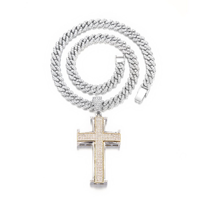 New hip-hop pendant full of diamonds, two tone large cross, niche Cuban chain accessory_voghion.com