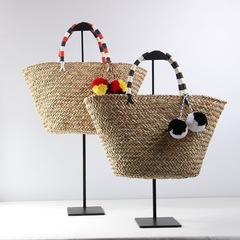 Bohemian Large Capacity Grass Woven Bag New Plush Ball Tote Shoulder Weaving Bag Vacation Beach Bag Handbag for Women