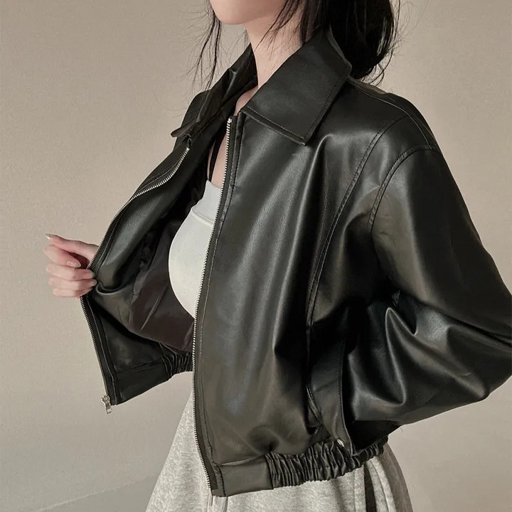 Korean Chic Short Zip-Up Leather Jacket for Women, Early Spring Vintage Design, Petite Biker Leather Jacket Top