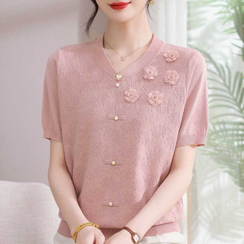 Mother's Day Summer Short-Sleeve T-Shirt for Mom, Ice Silk Blouse for Middle-Aged and Elderly Women, Fashionable and Versatile Summer Top Mother's Day Summer Short-Sleeve T-Shirt for Mom, Ice Silk Blouse for Middle-Aged and Elderly Women, Fashionable and Versatile Summer Top