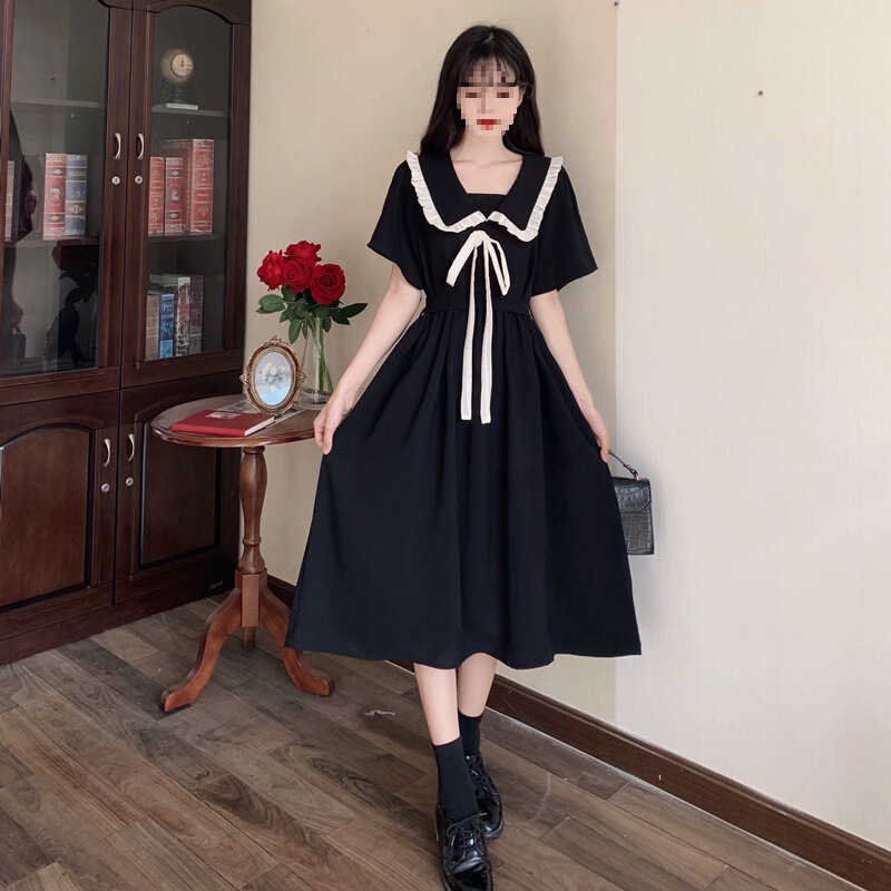 Baby Doll Collar Dress for Women Summer New Fashion French Gentle College Style Lace-Up Waist Black Long Skirt for Women