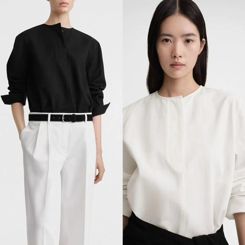 Scandinavian Tot Collarless Long-Sleeved Shirt Women's Twill Cotton Button Placket Loose Silhouette Versatile Shirt Niche