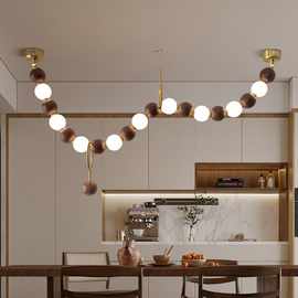 侘寂风古中餐厅灯吊灯胡桃实木珍珠灯岛台造型餐桌吧台一字长条灯