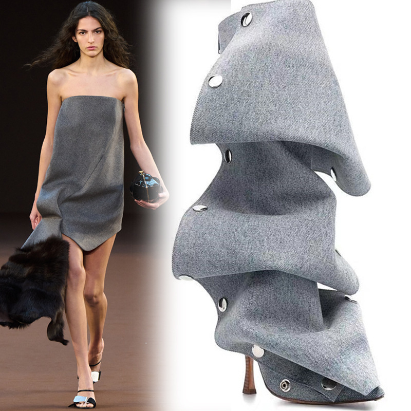 European and American Sexy New Pointed Denim Rivet Thin High Heel Women's High Boots Rear Zipper Large Size Multi-Wear Show Boots