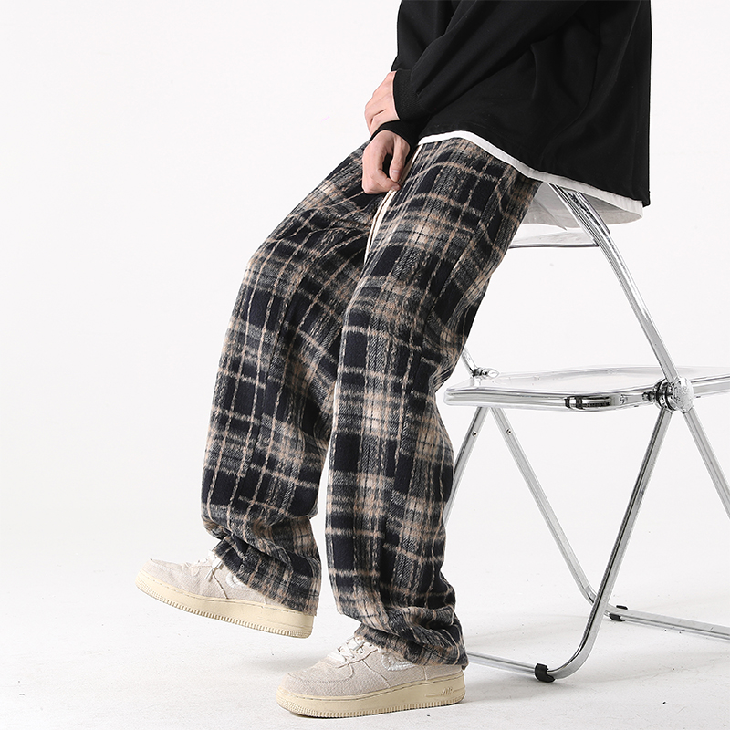 Lana a quadri per uomo in primavera e autunno, design di marca alla moda Ins, casual di nicchia, gamba larga dritta oversize_voghion.com