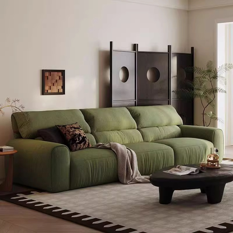 Sofá verde de tela de pana resistente a arañazos, estilo francés, madera maciza, para apartamento pequeño, fábrica de muebles Guangdong Foshan.