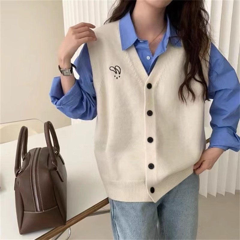 2025 新韓国スタイルデザインニット無地ベスト女性のセーター初秋ルーズ女性のニッチ多用途トップ|undefined