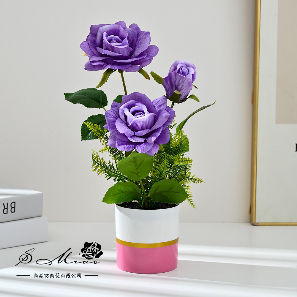 Transfronterizo de tres cabezas rosa bonsai imitación maceta flores falsas props de fotografía flores artificiales bodas decoración del hogar