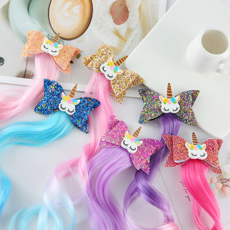 Fábrica DE LOS NIÑOS unicornio horquilla niñas arco brillante trenzado rizado peluca extensión del pelo princesa Dress Up