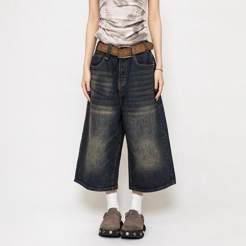 Cross-Border American Style Cropped Jeans for Men 2025 New Fashion Trend Handsome Retro Loose Wide-Leg Pants