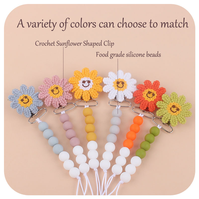 Bebé suministros nuevo ganchillo DIY girasol chupete clip bebé cuentas de silicona girasol clip chupete cadena