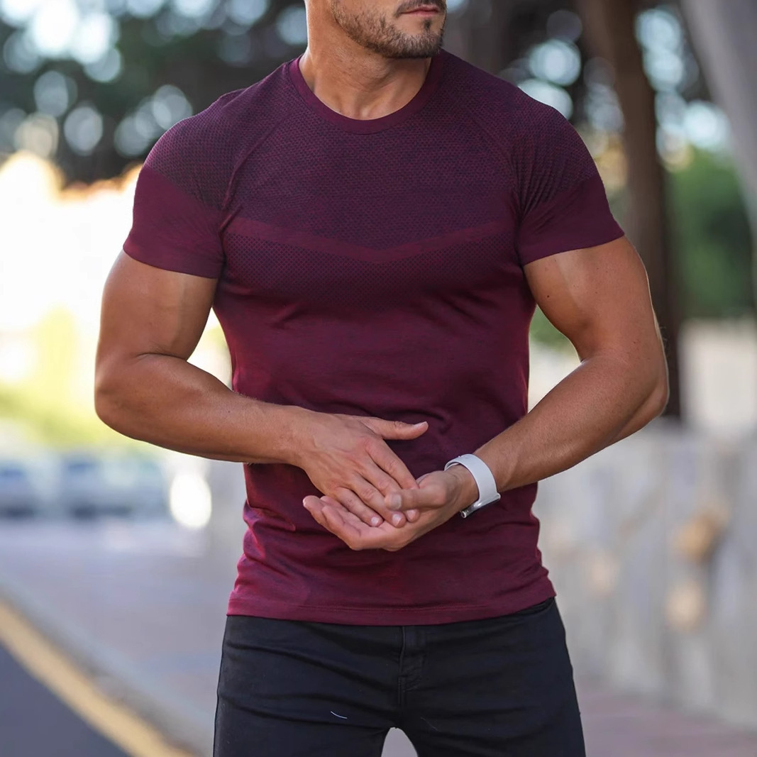 Comercio exterior transfronterizo entre Europa y Estados Unidos Wish hombre de otoño deportivo acondicionamiento casual cuello elástico catiónico cuello redondo camiseta de manga corta