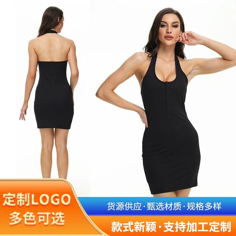 Европейское и американское трансграничное летнее сексуальное платье с короткими обтягивками Черное платье без рукавов с открытыми шеями