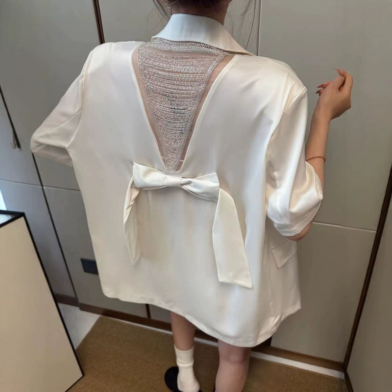 Heavy Beaded Bowknot Thin Short-Sleeve Blazer 2026 Summer Elegant Loose Satin Mid-Length Top for Women