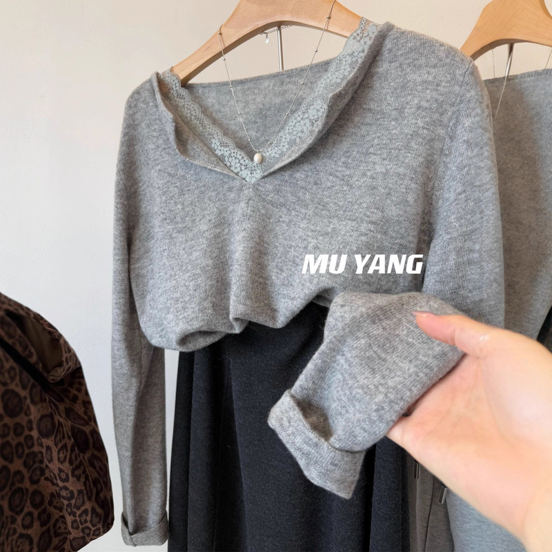 Muyang Fairy Lace Collar! Wool Women's Korean Niche Collared Wool Knit Sweater for Women to Wear as an Inner Layer