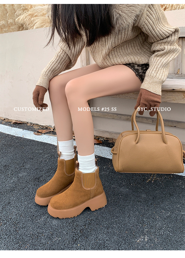 Boot Chelsea nữ da dê lót lông cừu đế dày platform ấm mùa đông — màu đen chi tiết 16