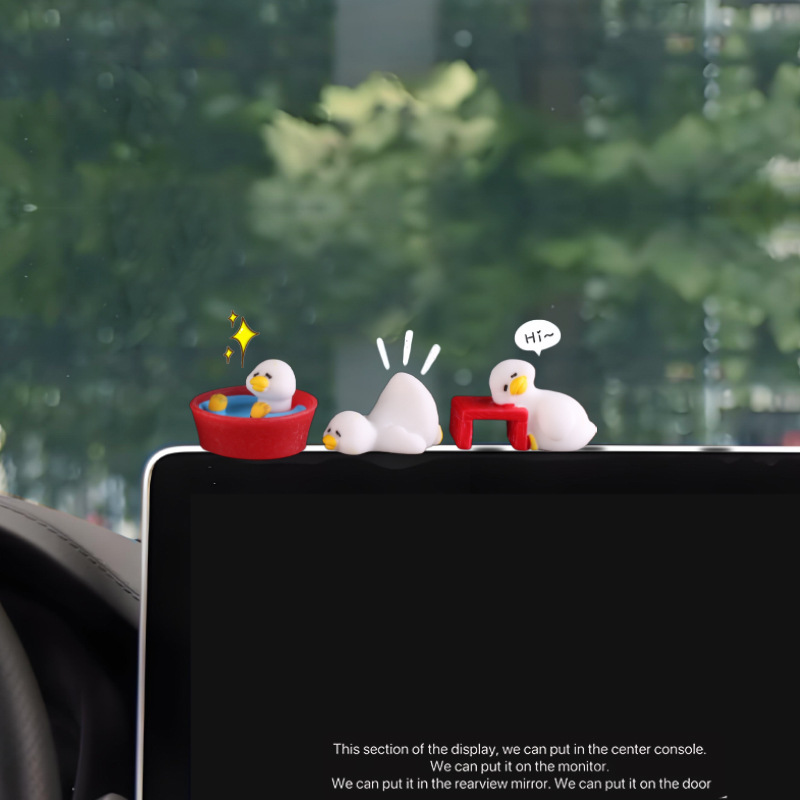 Lindo y cansado pato, pequeño pato blanco, tarjeta de estacionamiento de coche, consola central de coche de escritorio, decoración de pantalla de computadora