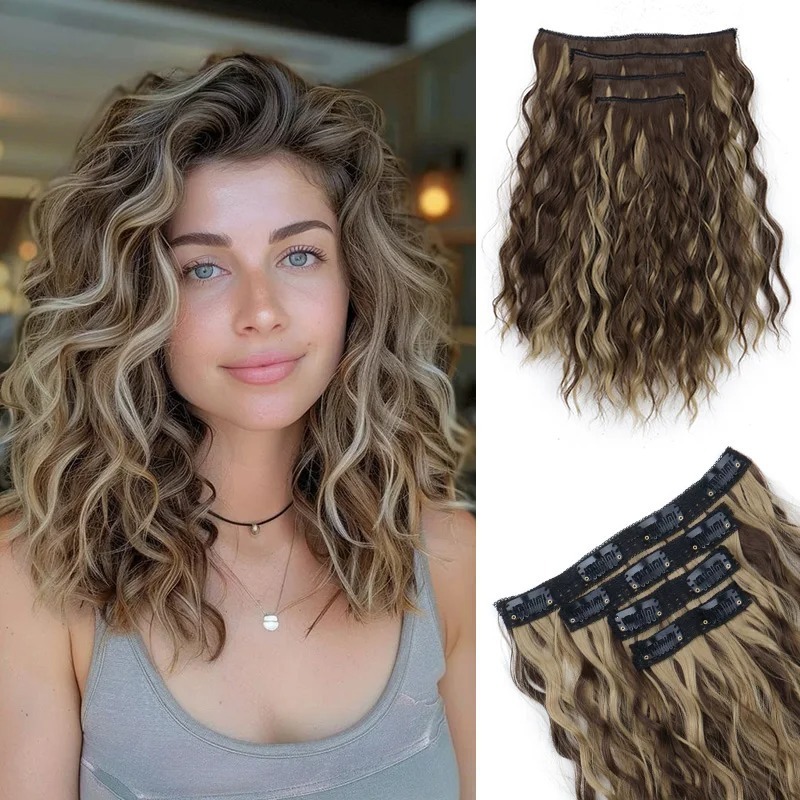 30cm 4-Piece Set of Clip-In Hair Extensions with Water Wave Texture to Increase Hair Volume, Bb Clip Short Curly Hair Wig Wholesale Long Curly Hair
