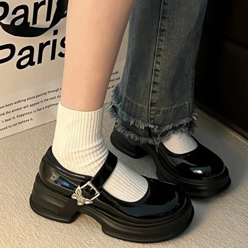 French High Heel Mary Jane Shoes for Women  New Retro One-Buckle Matchable Bowknot Thick Sole Heel Small Leather Shoes