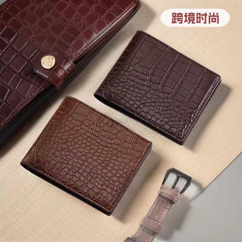 Cross-Border Best-Selling Genuine Leather Crocodile Pattern Men's Short Wallet with Transparent Id Window and Multi-Functional Business Wallet