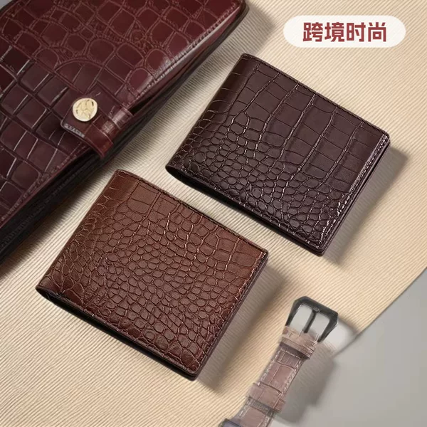 Cross-Border Best-Selling Genuine Leather Crocodile Pattern Men's Short Wallet with Transparent Id Window and Multi-Functional Business Wallet