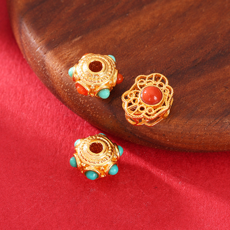 24K Gold-Plated Copper Inlaid with Natural Southern Red Agate and Turquoise Hollow Fish Beads, Ruyi Back Cloud DIY Bracelet Bead Spacer Accessories