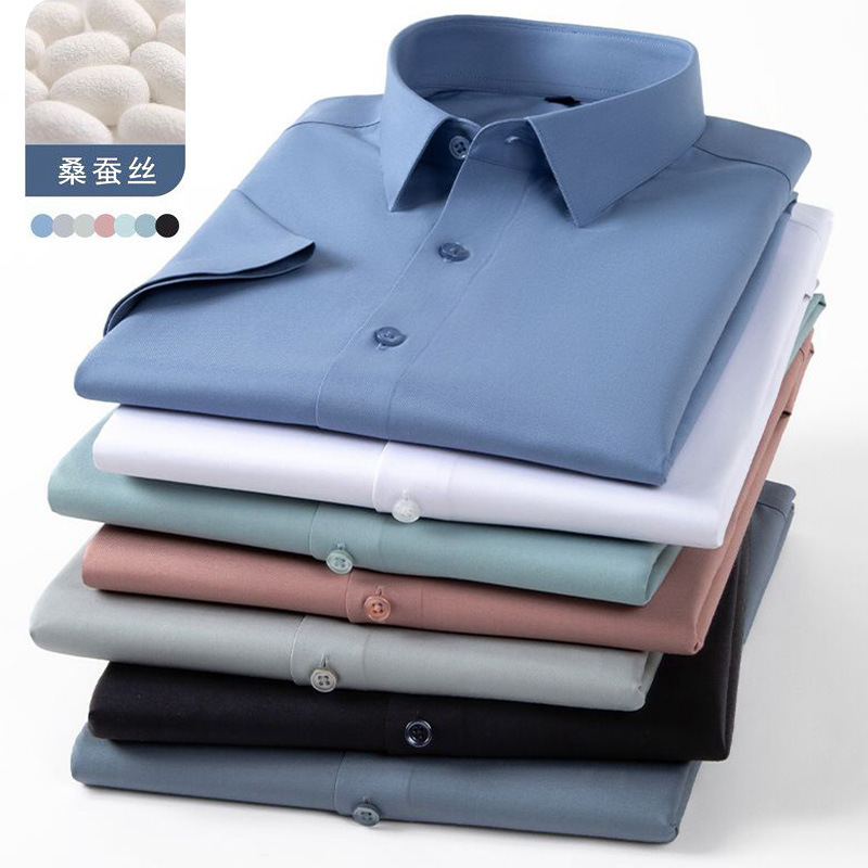[Mulberry Silk] Light Luxury Silks and Satins Shirt Summer Men's Silky and Smooth Business Casual Short-Sleeved No-Iron Shirt