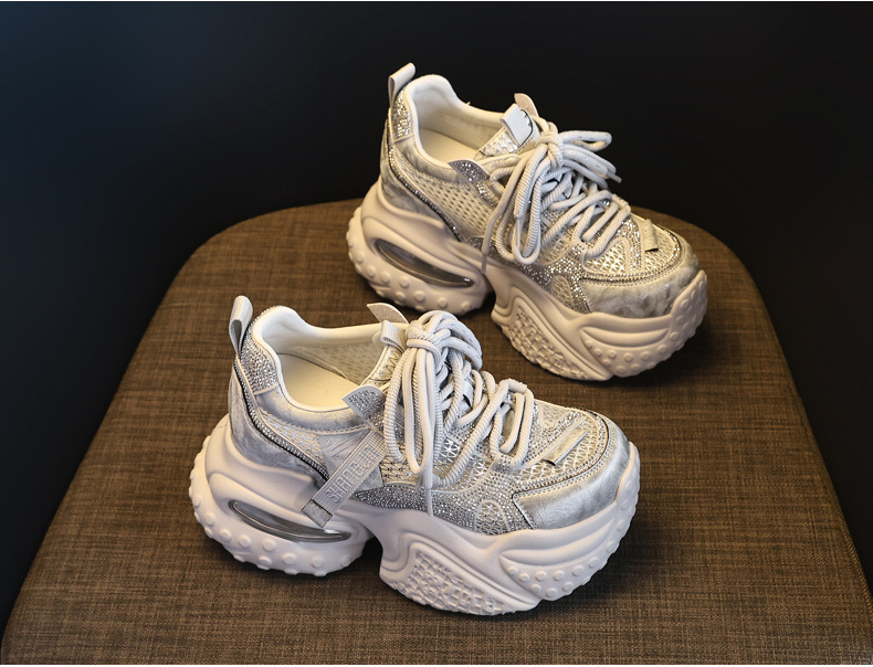 Giày sneaker nữ đế dày lưới thoáng khí đính đá pha lê — màu trắng chi tiết 5