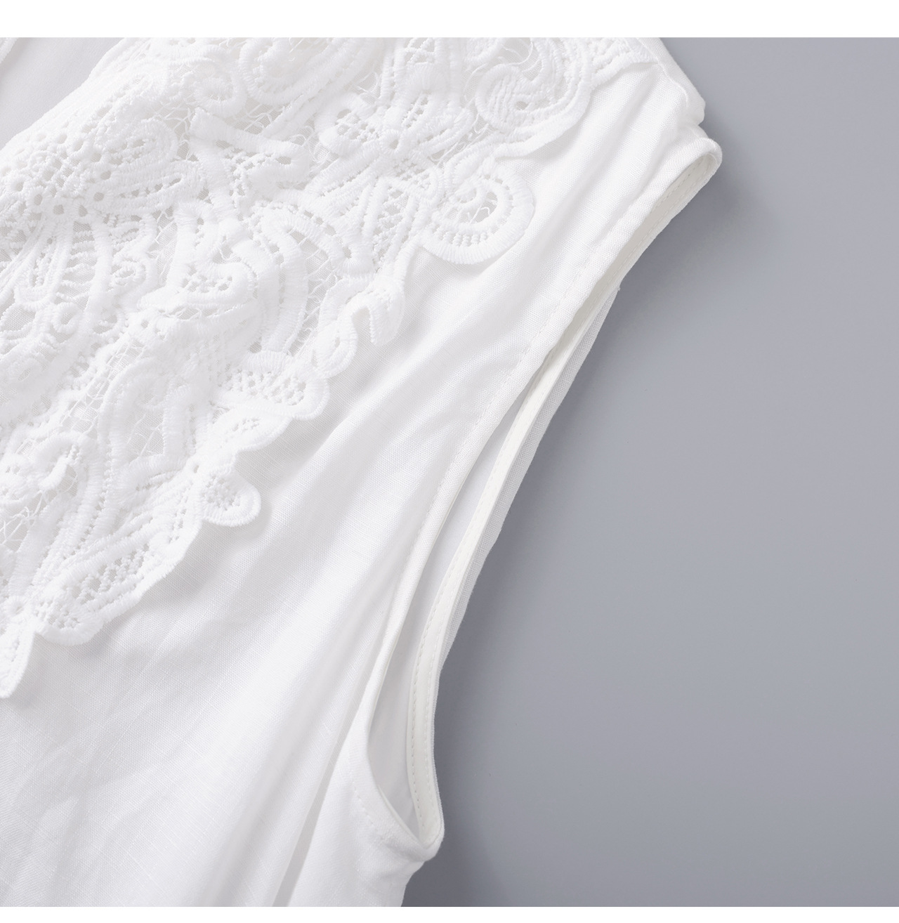 Đầm maxi nữ dáng suông không tay chất liệu tencel phối ren jacquard thêu họa tiết — màu trắng chi tiết 19