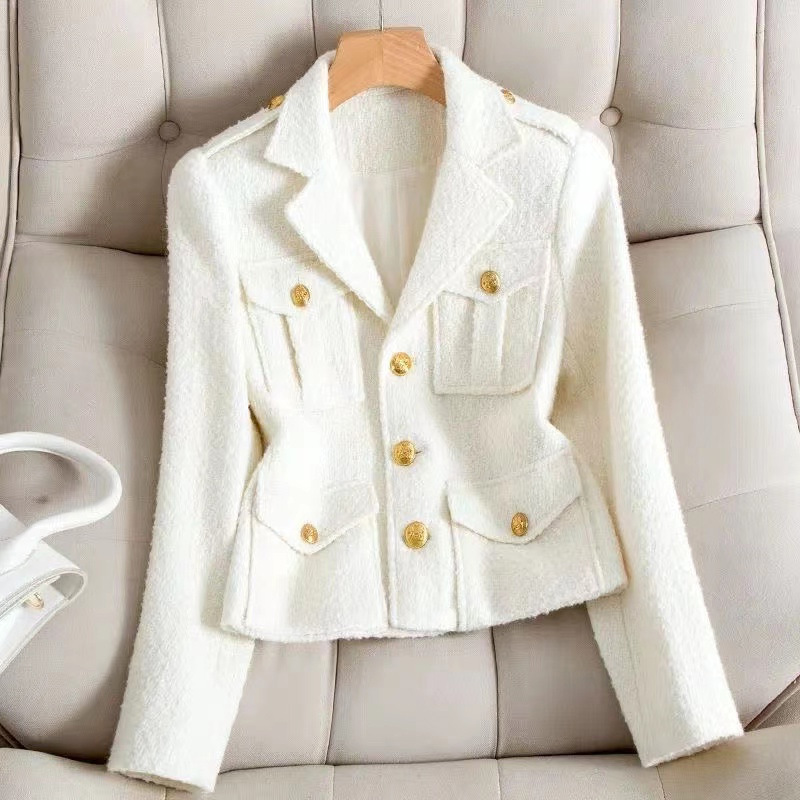 Damenbekleidung Woll-Tweed-Anzugkragen, kurzer Stil, Jacke, modisch, schlanke Damen_voghion.com