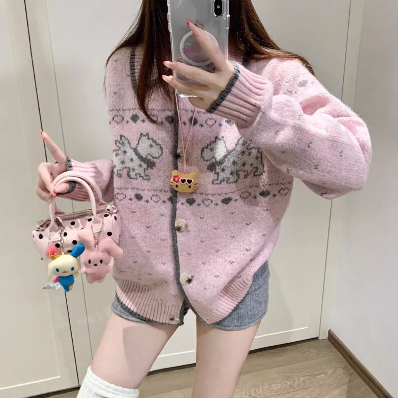 韩系氛围感费尔岛毛衣外套女2025秋季小狗提花针织开衫软糯上衣潮|undefined