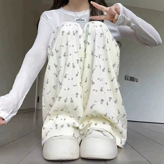 杏色碎花山本裤女宽松直筒夏季薄款2026新款高腰显瘦休闲阔腿裤子