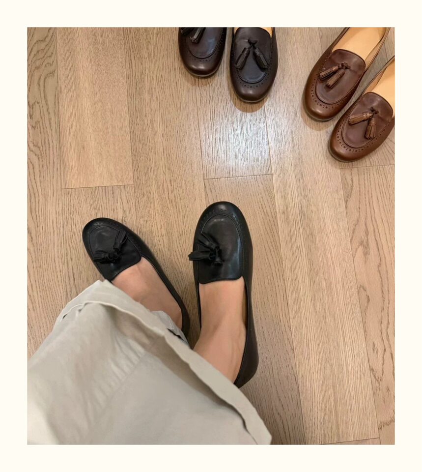 Giày lười nữ da bò mũi tròn tua rua cổ thấp đế bệt — Màu nâu, Màu nâu cà phê, màu đen chi tiết 7