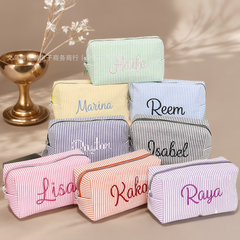 Etsy Embroidered Bubble Gauze Striped Cosmetic Bag Travel Portable Toiletry Storage Makeup Bag Cosmetics