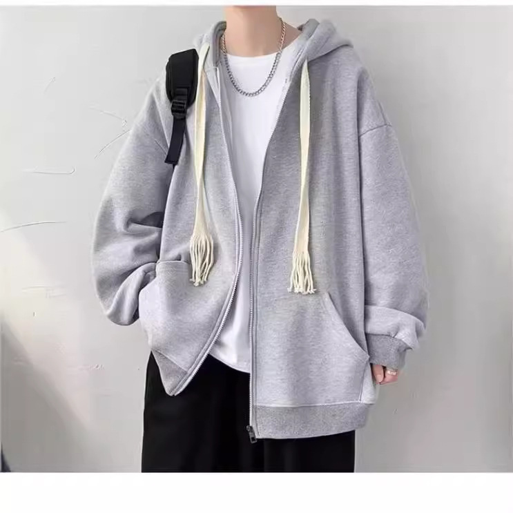Braided Rope Hooded Cardigan Korean Style Sweatshirt for Men, Spring and Autumn Trendy Design, Niche Oversize Solid Color Jacket